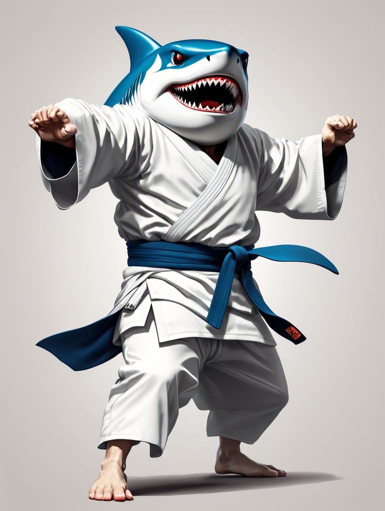 humanoid vector shark in judo kimono stay in action pose and angry face