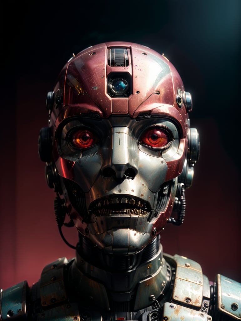 robot ciencia ficción años 1970, hecho de cristal, vista frontal, fondo rojo burdeos, estilo impresionista, arte digital