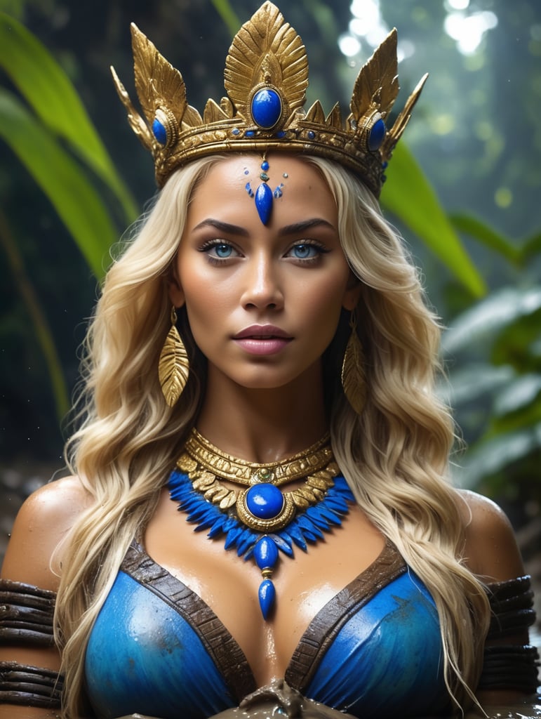 Create a 8k UHD photorealistic and cinematic high resolution and quality 8k image of a beautiful, stunning, attractive Amazonian goddess queen of Caucasian decent and skin complexion, blue piercing eyes and long blonde hair and she is bathing in the mud pit covered in mud in the jungle and its dark and the queen is wearing Amazonian jungle wear royal dress of full white royal outfit and has a golden crown with diamonds on her head. The queen has a sinister look on her face with joy and is watching over the jungle and she's extremely sexy