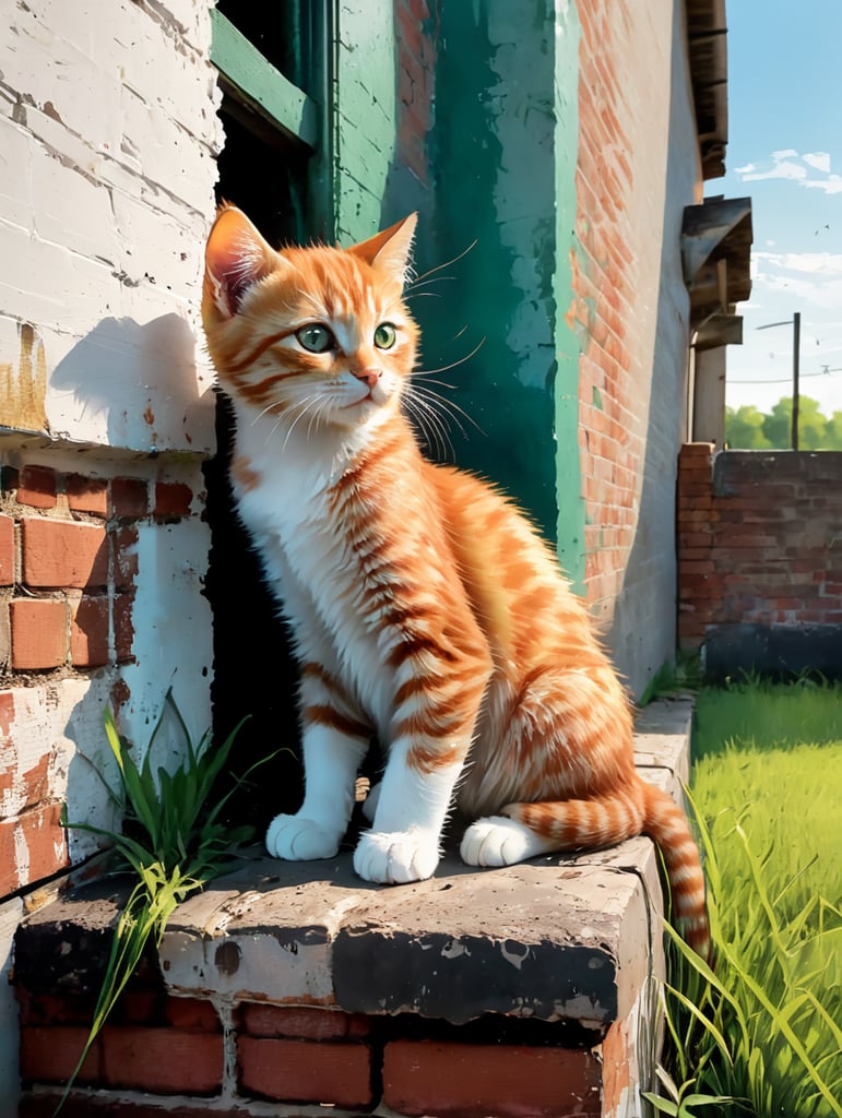 Ginger kitten sitting on top of a brick wall with a lawn underneath.