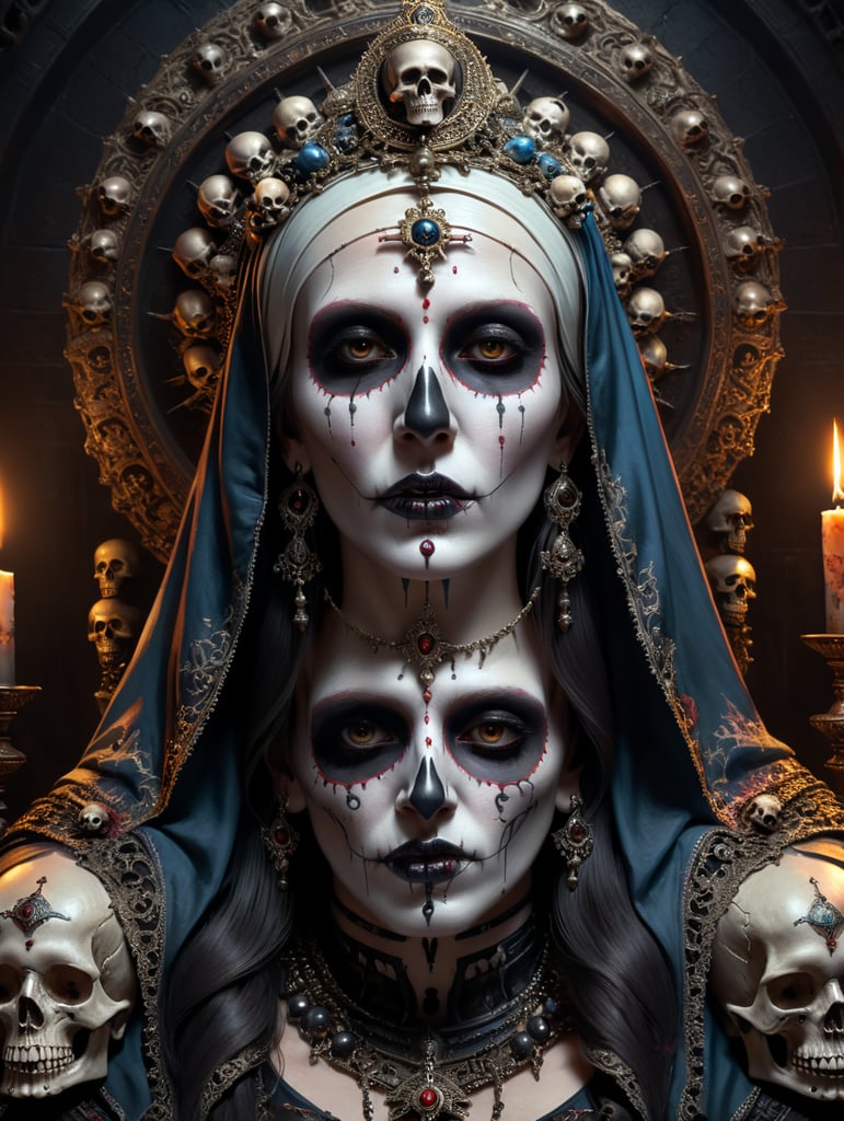 Virgin Mary with goth makeup and skulls