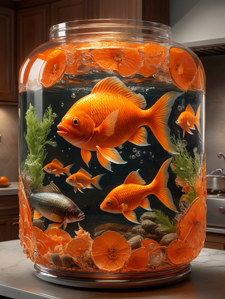 Laranja translúcida com peixes nadando dentro dela, essa laranja tem que estar em cima de uma bancada na cozinha de uma casa