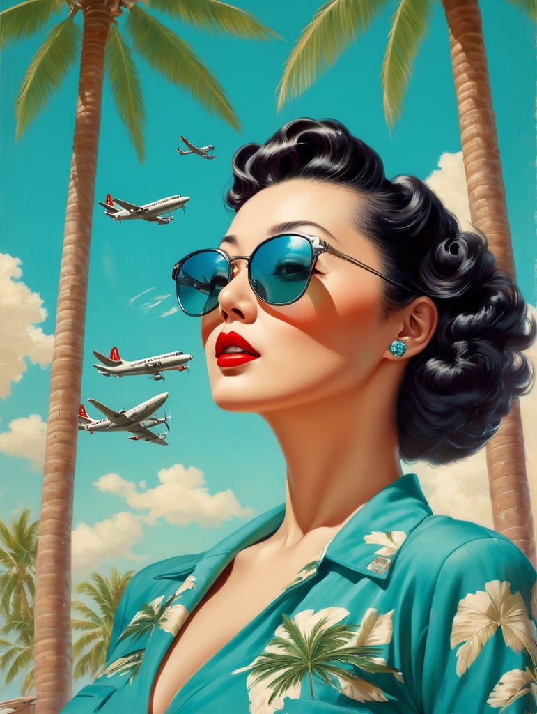 Pin up art, portrait, a old Japanese mafioso raised his head up, looks at the sky, sunglasses, one airplane flies in a clear sky and leaves a mark, summer, palms around, palms reflected on a sunglasses, turquoise shades, style by Gil Elvgren