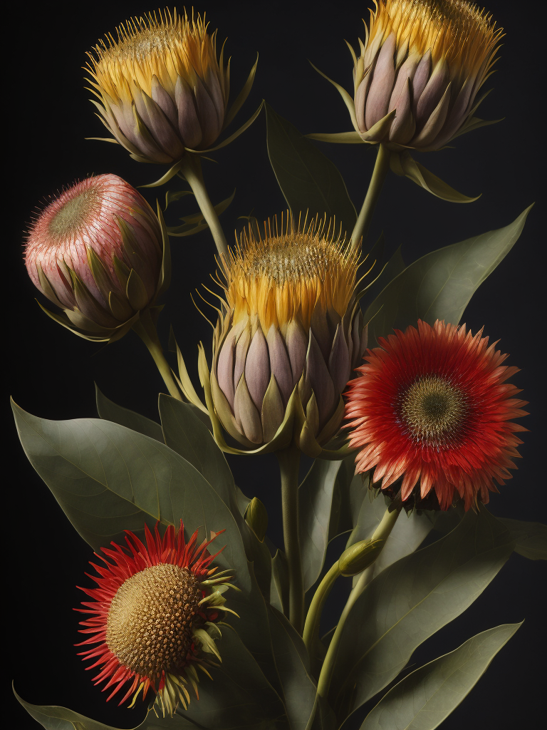 Detailed king proteas and pincushions against a black backdrop by martin johnson heade, artstation