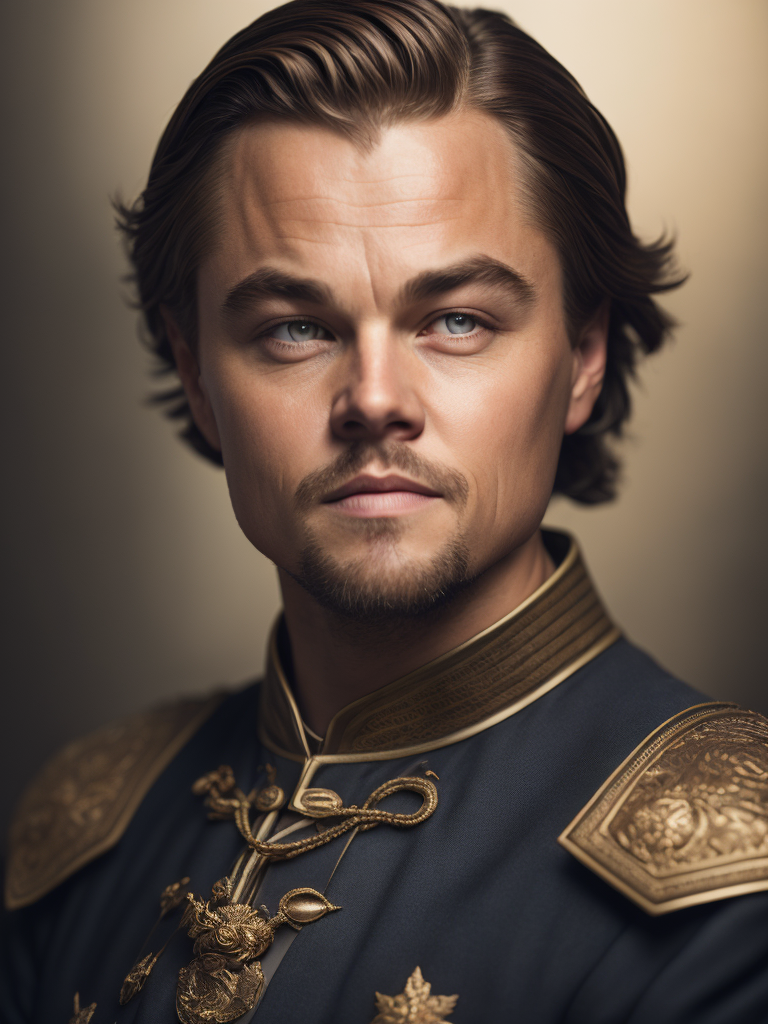 Portrait of Leonardo DiCaprio as a 17th century ship captain, Detailed uniform, Brass buttons, gradient background, contrasting light, detailed face, muted tones