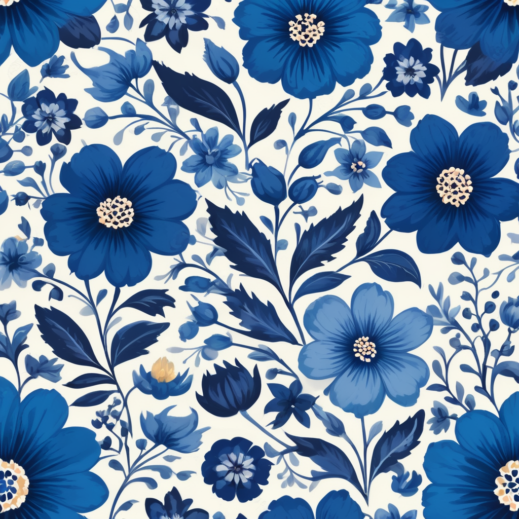 Seamless pattern beautiful floral pattern with blue flowers in the background, in the style of polish folklore motifs, juliana nan, mexican folklore - inspired, tivadar csontváry kosztka, clara peeters, texture exploration, blue color scheme, blue pallete, amoled