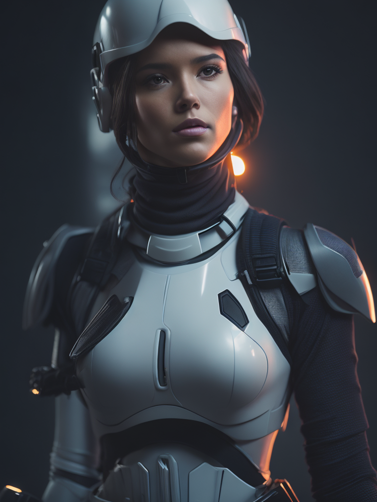 Fit girl in a stormtrooper outfit, exposed belly, large breast, full body, Dramatic Lighting, Depth of field, Incredibly high detailed