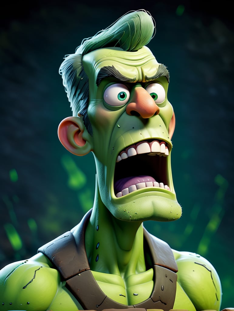 cartoon full body image of Boris Karloff as Frankenstein's Monster, Green Skin, muted color palette, atmospheric, creepy, intricate detail, reanimated corpse, scar tissue, decomposing, starring eyes, horror, horrific, bolts sticking out of sides of neck, gangrene, veins, mutilated, stitches on forehead, standing next to barbecue grill