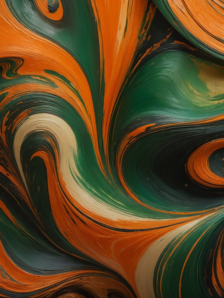 Abstract swirling patterns of green and orange hues blending seamlessly, creating a vibrant and dynamic visual. Use these captivating paint textures as a foundation for your brand's supporting backgrounds, exuding a sense of creativity and fluidity. The view from the top offers a unique perspective, capturing the essence of liquid movement and energy