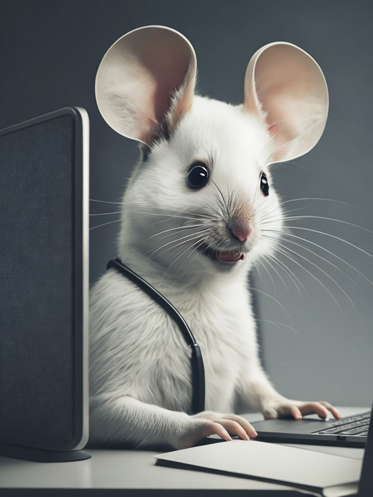 Cute white mouse look like a human stylized as a software engineer near the computer. Large free space on the left half of image. High key. White color.