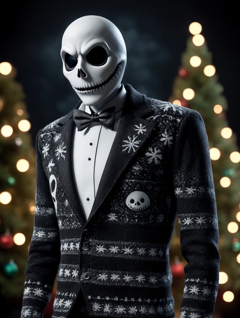 Jack Skellington standing wearing an ugly Christmas sweater