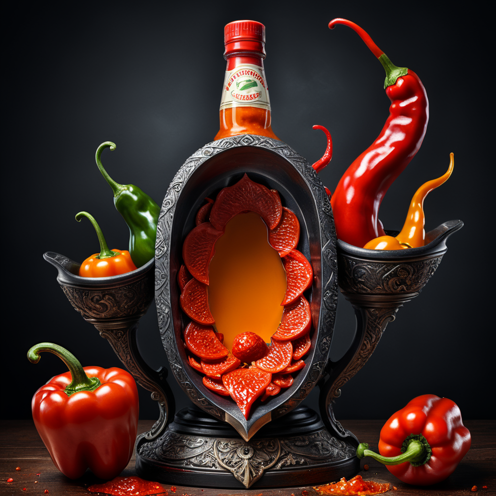 Draw an abstract image of a person represented as a set of scales, with red pepper on one side and a can of hot sauce on the other, where the red pepper side is tipping the scales.