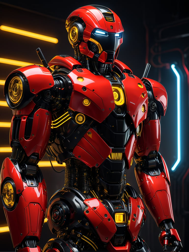 a red and black robot with neon lights, in the style of light black and yellow, octane render, polished craftsmanship, aquirax uno, precise craftsmanship