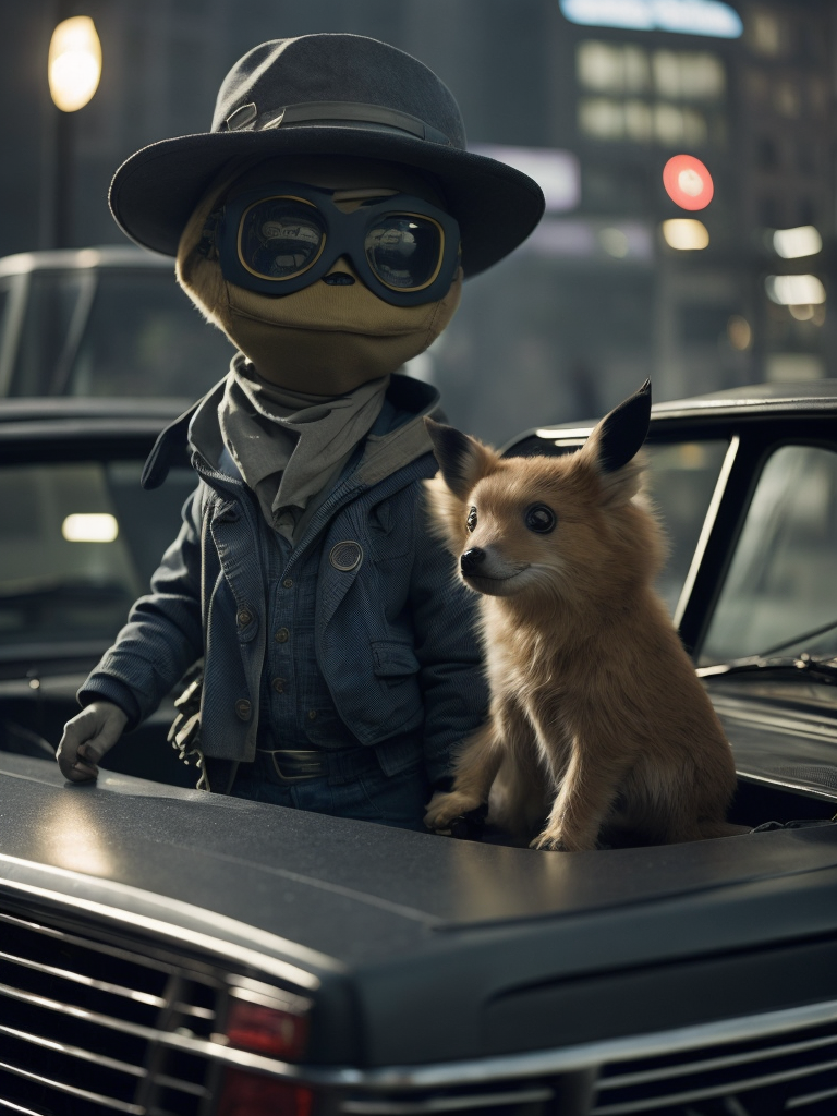 Cheburashka and krokodil Gena as gangsters with Colt gun in old Ford pickup behind the bank, pikachu style, sportswear futuristic, sharp details