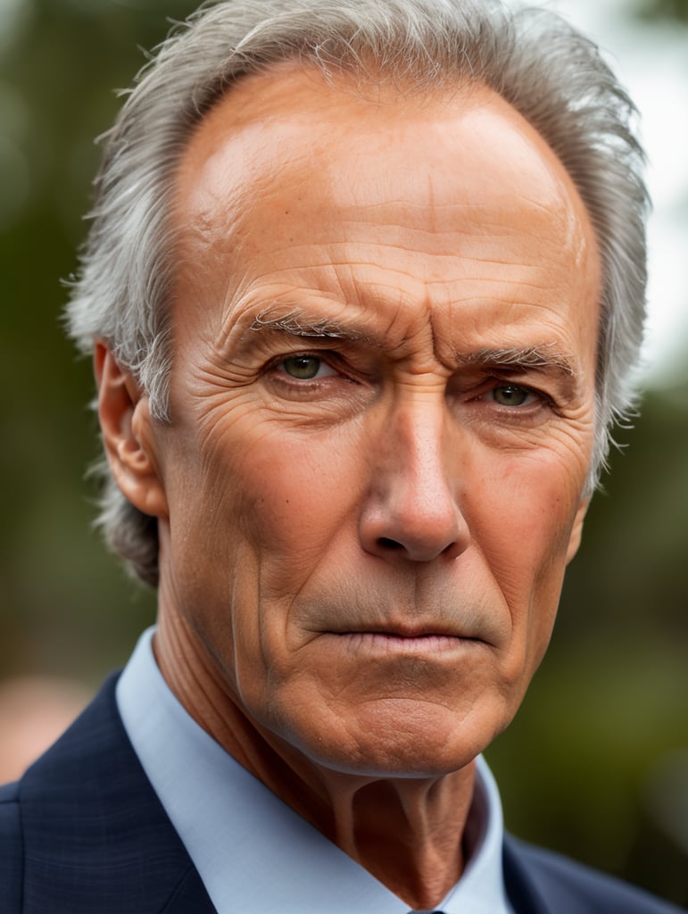 Portrait of Clint Eastwood, bright and saturated colors, elegant, highly detailed, vogue, fashion magazine, sharp focus, Bright expressive makeup, Dramatic Lighting, Depth of field, Incredibly high detailed, blurred background