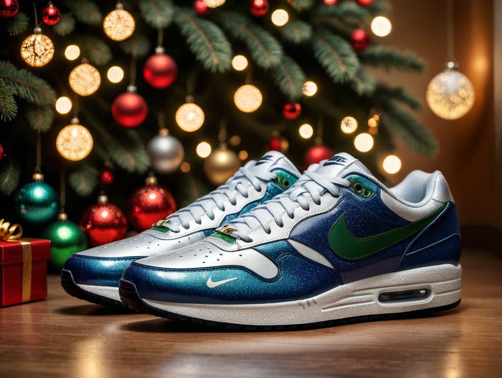 Nike sneakers latest model Christmas edition, decorated with shapes, colors and Christmas motifs. The background is of a room decorated with a tree, lights and Christmas decorations. very detailed, realism, high quality photography, 4k, octane render, style advertising image, professional photography, 4k, mesmerizing, professional product photography