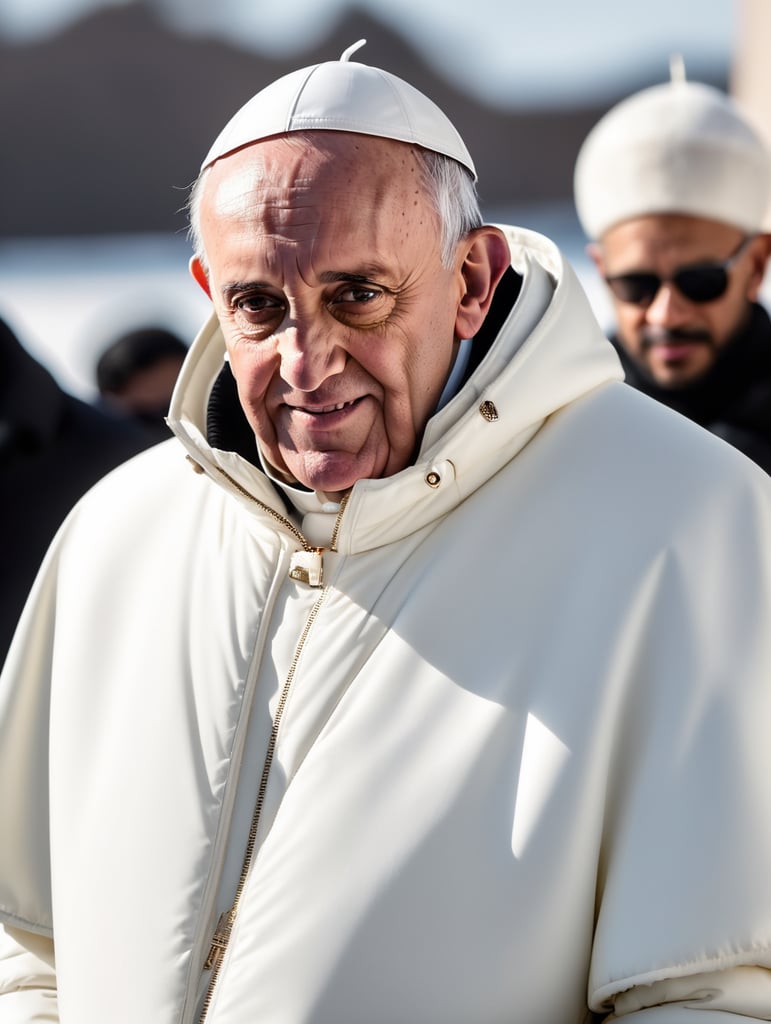 Professional photo of a glamour Pope Francis looking stylish in a white puffer jacket