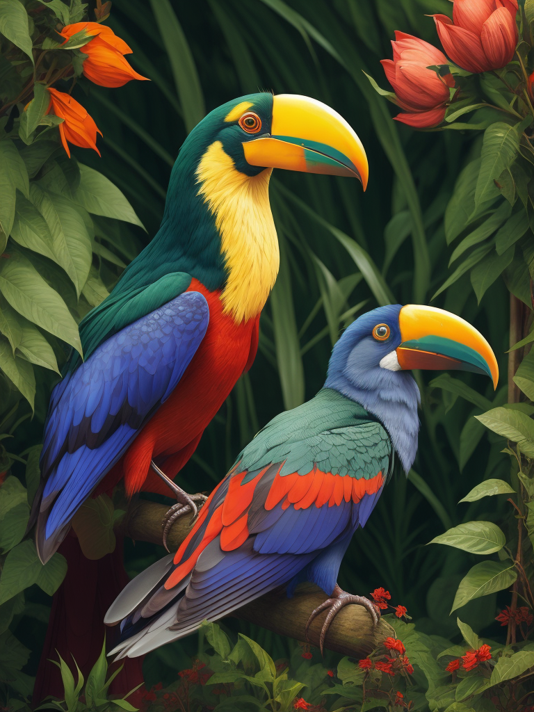 create an illustration in the victorian style of William Morris featuring Tucan birds in a lush jungle setting. The illustration should be etched and contain no more than three vibrant colours