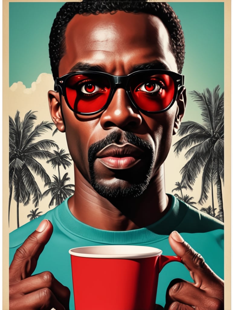 Miami black man holding a red cup eye-catching poster-style drawing and illustration representing the iconic pulp style.