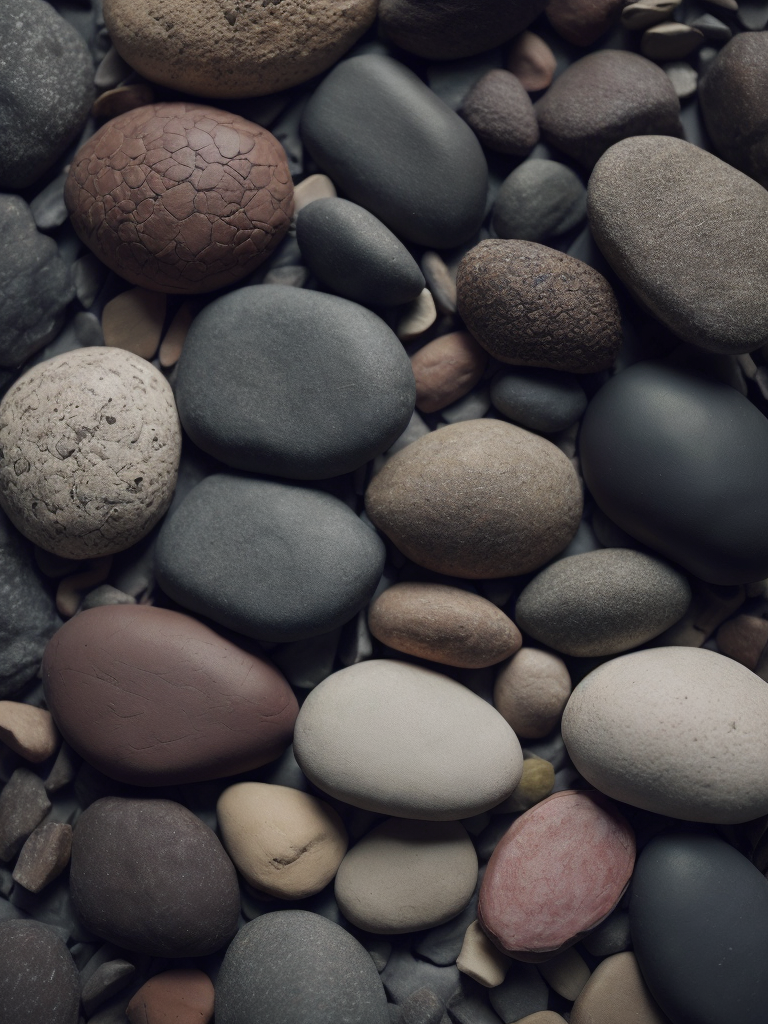 Texture of stones, pattern, background, top view, organic texture, seamless texture, scattered stones, gray and brown colors, deep colors, contrast lighting, voluminous stones, stones lie on top of each other, closely stacked stones