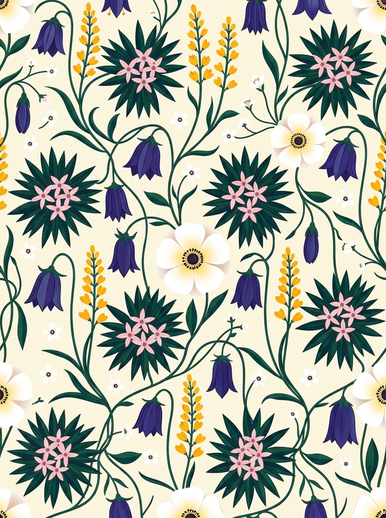 A seamless repeating botanical vector illustration featuring an intricate arrangement of stylized flowers on a pale cream background. Prominent white blossoms with dark centers and a soft yellow inner glow anchor the design. They intertwine with hanging deep indigo bell-shaped flowers and clusters of pale pink star-shaped blooms nestled within starbursts of dark forest green, pointed leaves. Vertical stalks of bright yellow-orange florets and scattered tiny white blossoms fill the negative space. Slender, curving dark green vines connect the elements, creating a continuous rhythmic flow. The composition has a highly decorative wallpaper aesthetic characterized by crisp geometric edges, subtle gradients on the petals, and a striking high-contrast color palette.