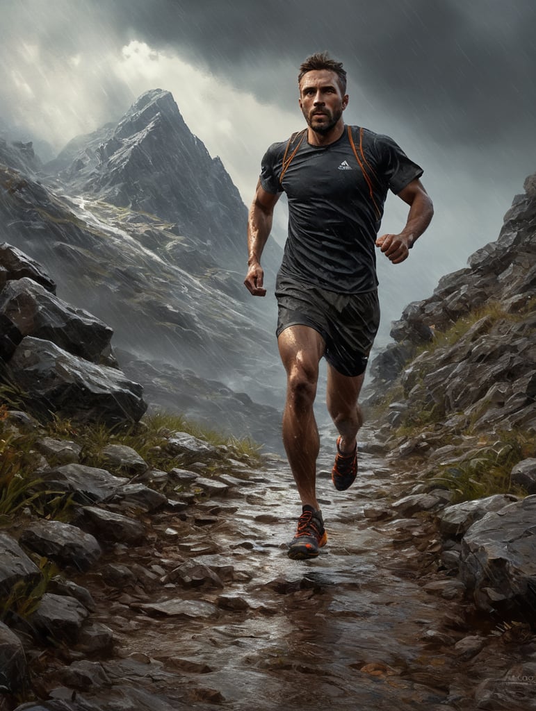 runner on a rainy mountain, lower view angle, full body