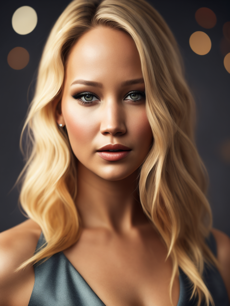 Portrait of Jennifer Lawrence, ultra realistic, blonde hair, bright makeup, detailed background