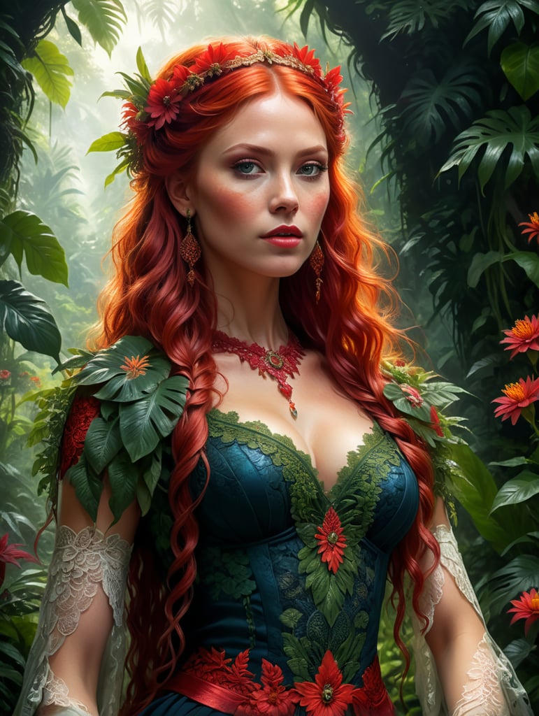Portrait Of beautiful red haired bohemian queen wearing red colour lace surrounded by jungle Plants And Flowers art by Mike Mayhew and Mark brooks and Ross Tran 8K Resolution