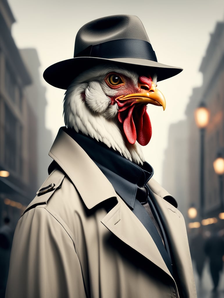 film noir style movie poster with a chicken wearing a trench coat and fedora.