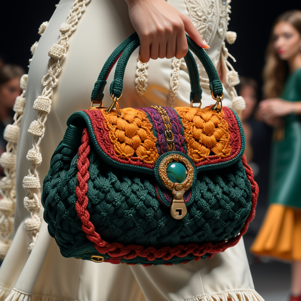 a closeup photo of a small puffy macrame purse made with puffy cords, a Gucci model standing on a runway holding bag with one hand, vogue fashion show, autumn colors