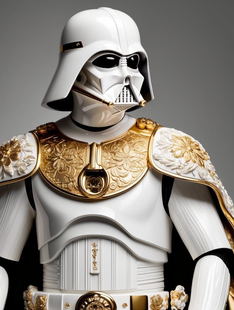 Luxury white Darth Vader, decorated with gold, carved materials, Dolce and Gabbana