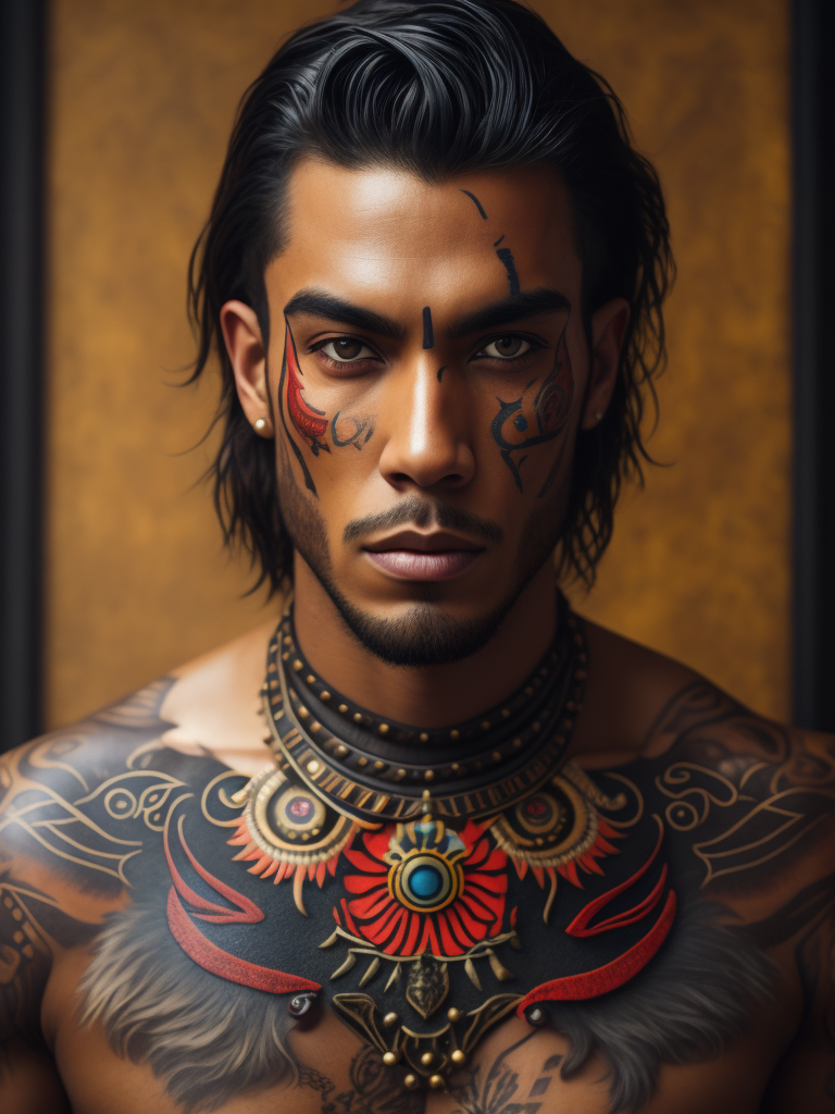 Portrait of a handsome indigenous male gang member, tattoo of a red bear on his chest, bright and saturated colors, elegant, highly detailed, vogue, fashion magazine, sharp focus, bright expressive makeup, dramatic lighting, depth of field, incredibly high detailed, blurred background'