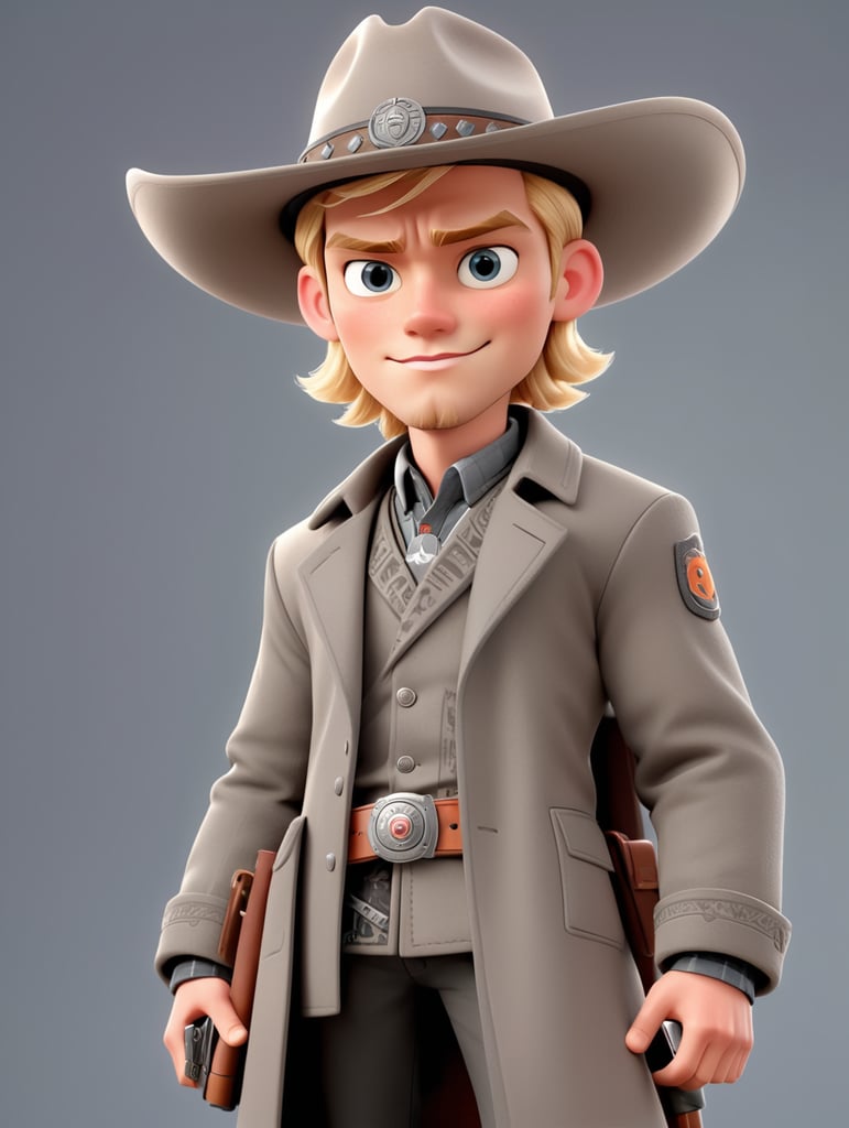 Handdraw, young blond men, modern western outfit, longcoat grey , melon hat grey, revolver on belt, portrait