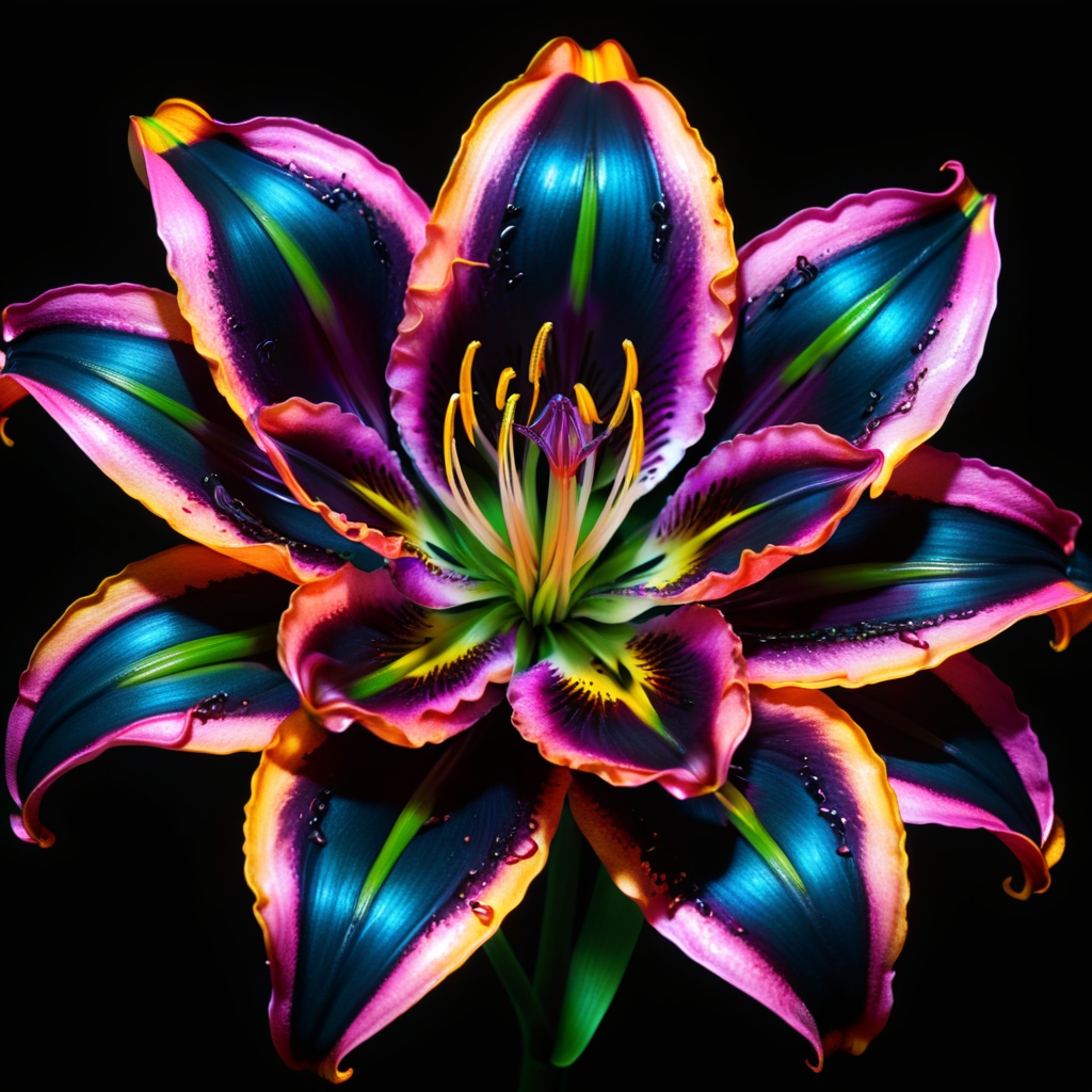 holographic neon lily with a black background