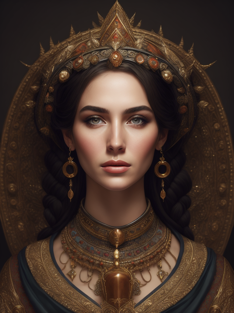 Portrait of a beautiful woman from a Russian fairy tale in a traditional costume around rowan bunches with a holy halo around her head like on Orthodox icons