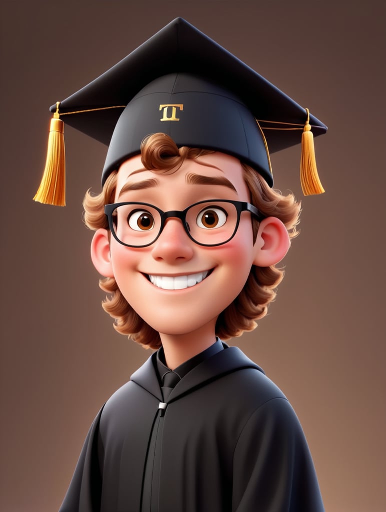 the young 18 years old man stands proudly in his black cap and black gown, radiating a sense of accomplishment and hope. beatiful smile. disney pixar sytle. Light brown hair. chin a little square. bow tie. beautiful ears. Caucasian skin. short light brown curly hair with shaved aside. Black square glasses. Brown eyes. Chubby rosy cheeks.