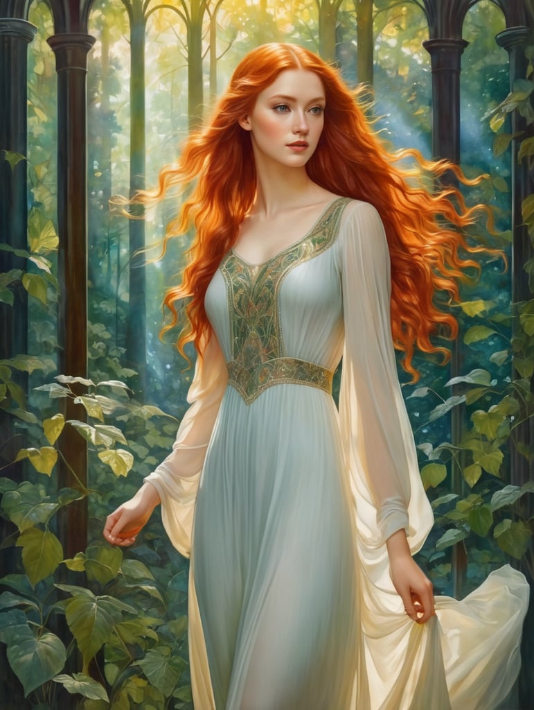 A red-haired young beautiful girl with long hair and a light dress against the backdrop of a dense forest, painting, oil, water color, Gouache, Stained Glass, style of Edward Burne-Jones