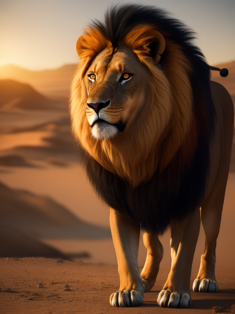 8k, desert background a lion with a black mane elegant lumen render octane render style lumen reflection illustration ultra hyper detailed magical photo realistic HD professional color 2. 8 22 megapixels photoshoot