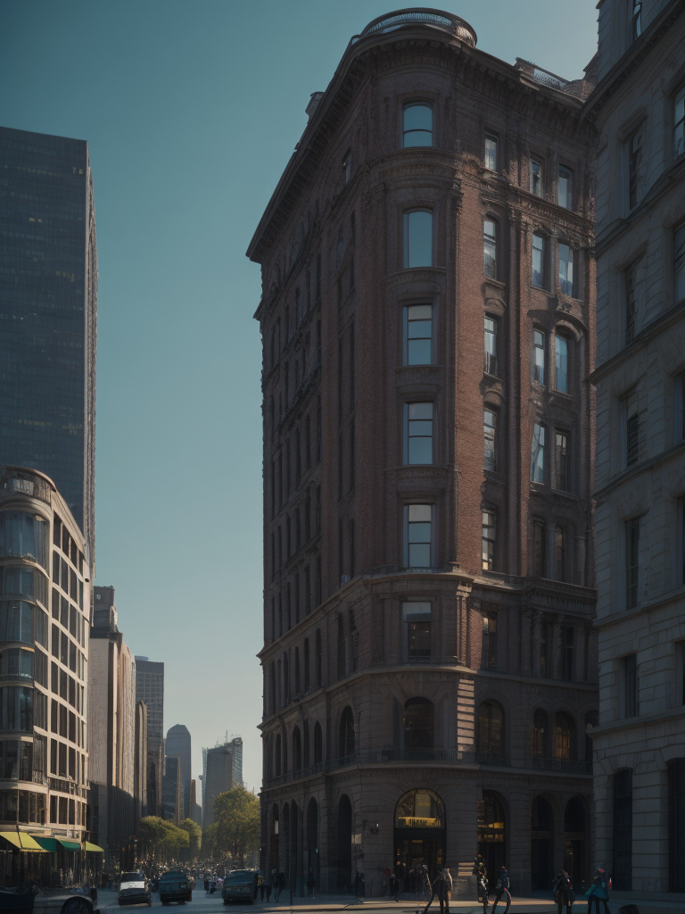 Flatiron Building, Vibrant colors, Warm & Deep colors, Contrast lighting, Sunny day, High detail, Sharp details