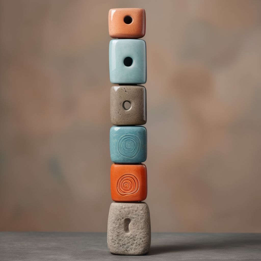 Tótem de cerámica de 5 figuras geométricas de materiales rocosos y en medio del Tótem una piedr de color vibrante en material semitraslucido. Mucho margen