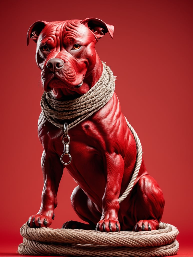 An angry pitbull dog model made of rope, garbage, and iron rods, A solid red background, sophisticate lines, style raw, stylize 750