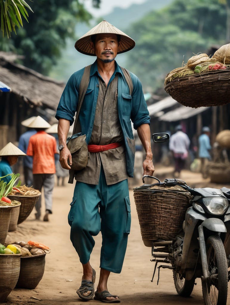 Vietnam, 40 year old man, working, full body image, creative image, high quality