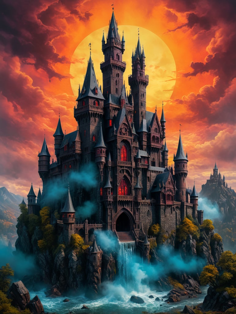 daytime view of a gothic horror castle with vivid colors and a wood press style