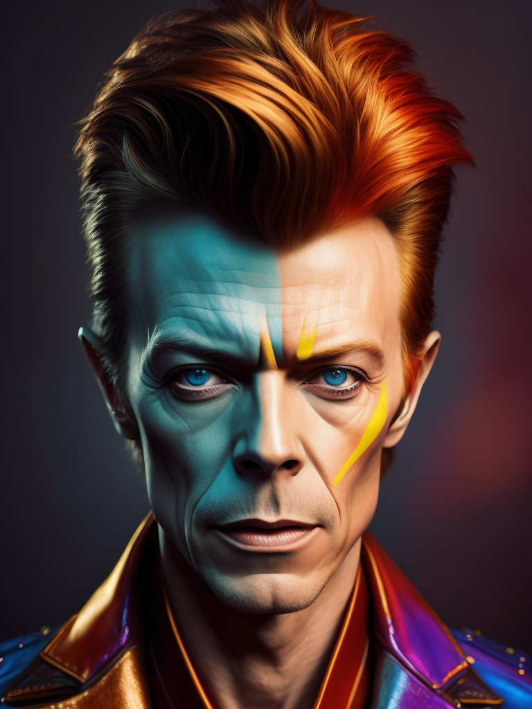 Portrait of David Bowie, bright and saturated colors, elegant, highly detailed, vogue, fashion magazine, sharp focus, Bright expressive makeup, Dramatic Lighting, Depth of field, Incredibly high detailed, blurred background