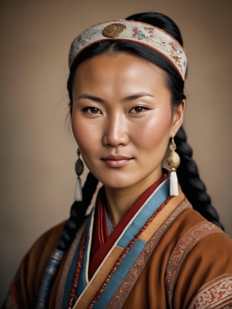 Portrait of a Mongolian woman in traditional clothes, tanned