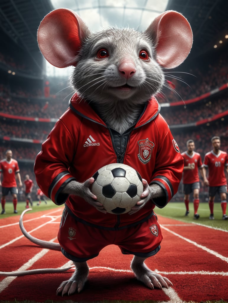 old gray mouse in red soccer outfit, fantasy
