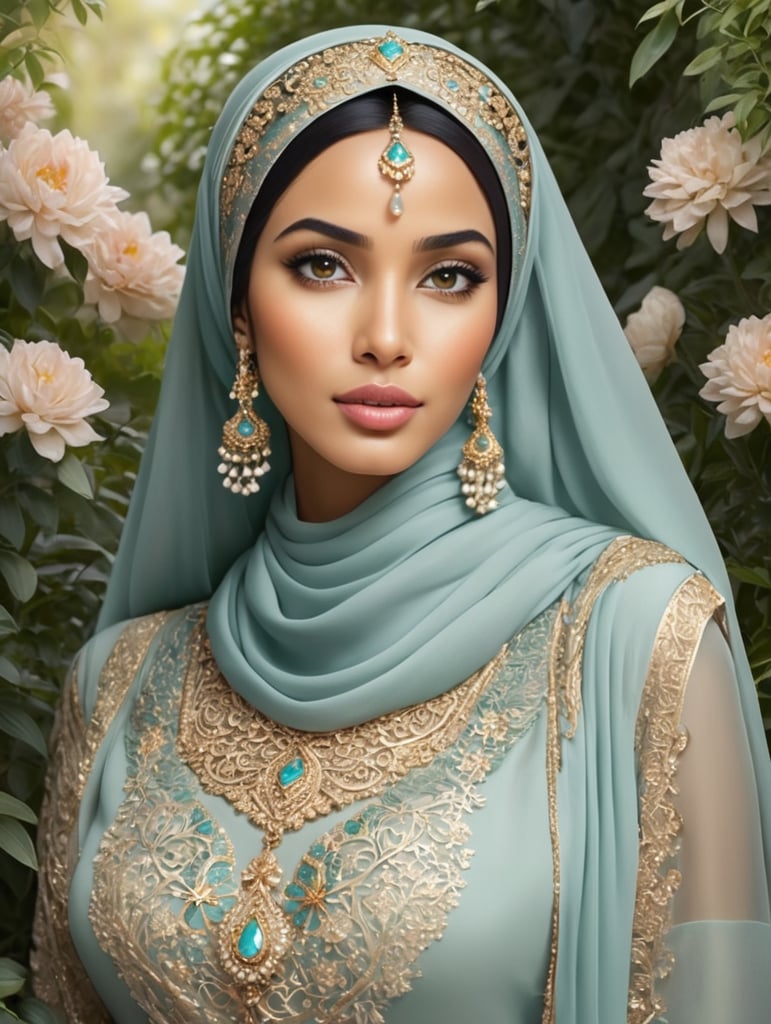 Beautiful Princess Jasmine wearing hijab girl. make the image full body with a beautiful garden setting. the image will have dreamy and frminine feel