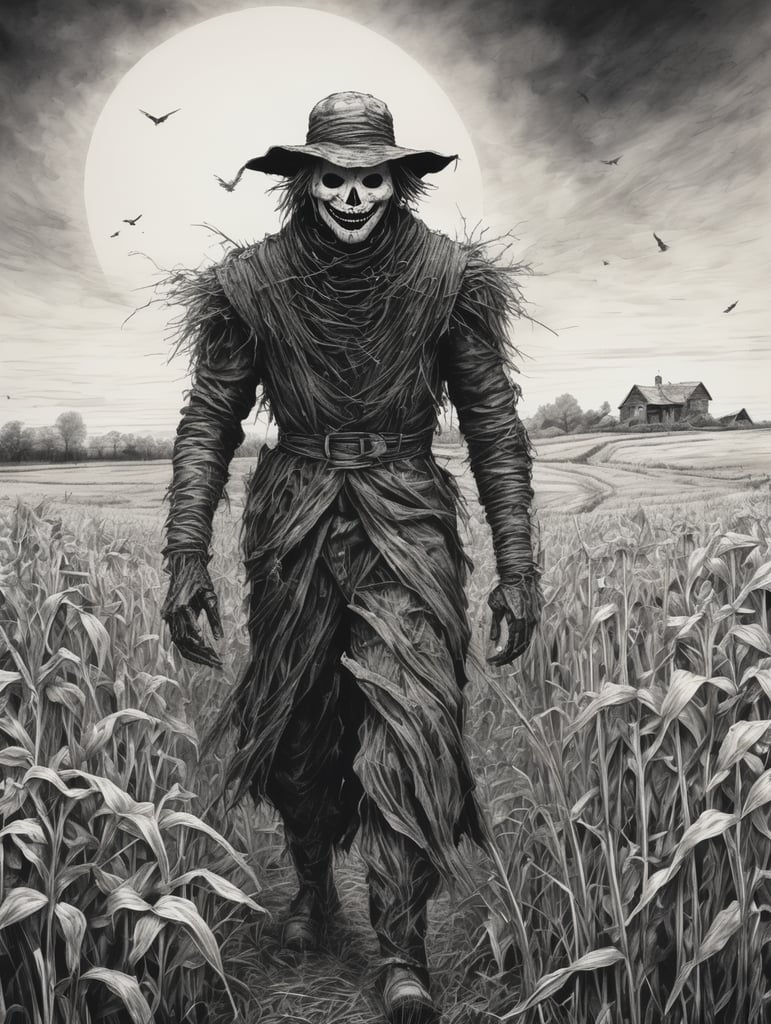 Pure Black and white pen sketch, scary ugly scarecrow