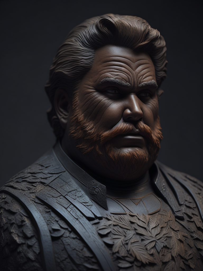 a fat american man carved from the dark reed wood, detailed, deep carving, handcrafted