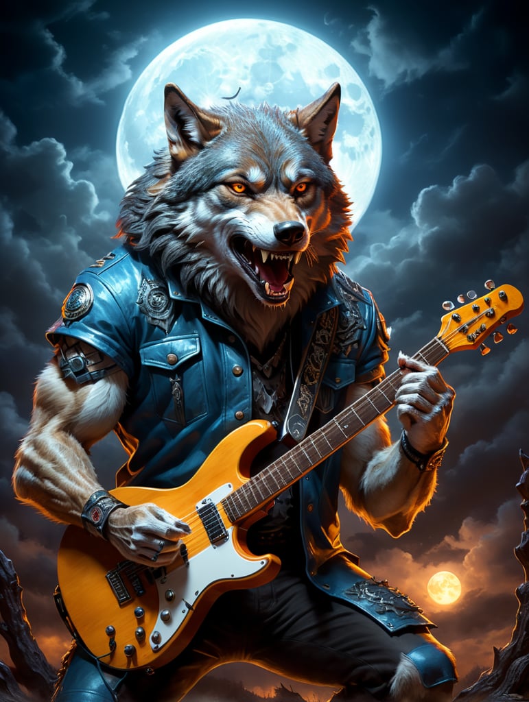 Un loup au clair de lune entrain de jouer de la guitare électrique